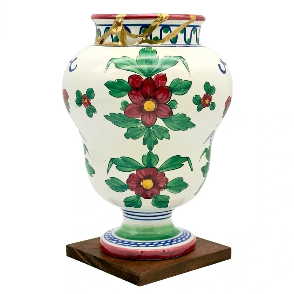 Kintsugi Vase Italian Majolica Pottery Gold Crack Art Personal Growth Gift - Picture 4 of 17